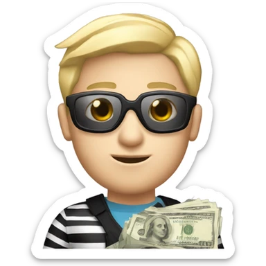 Blonde male, peach colored skin, black and white striped goggles, black and white striped clothing, and holding a bag of money sticker