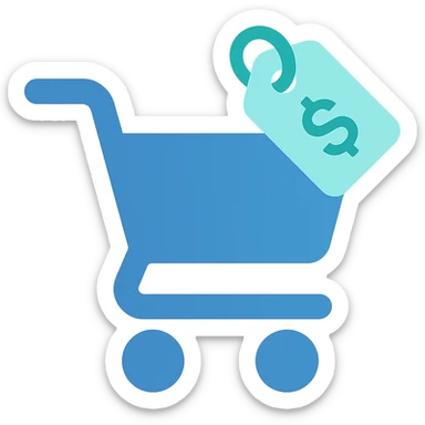 Shopping cart with a price tag, flat emoji style, outline with blue and turquoise colors sticker