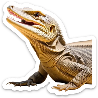 Cinematic Realistic Cute Yawning Monitor Lizard Portrait Emoji, Head tilted slightly with a dramatic, wide-open yawn, showcasing a soft, textured scaled hide with subtly drooping features and half-closed, drowsy eyes, rendered with meticulous natural detail and warm shadows, high shine, relaxed yet expressive, styled with a dash of desert charm, soft glowing outline, capturing the essence of a sleepy yet affectionate monitor lizard that appears ready to stretch out for a restful nap! sticker