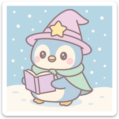 Add a snowy background behind the penguin wizard, keeping the whimsical kawaii style. sticker
