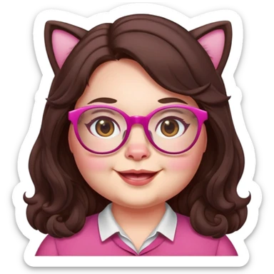 chubby English teacher face, pink cat glasses, long wavy dark brown hair, smiling sticker