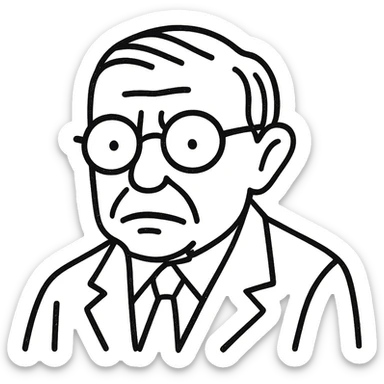 Simplify the Jean-Paul Sartre black outline icon by reducing detail in the facial features, hair, and clothing while keeping the round glasses and maintaining the hand-drawn outline style. Use a transparent background. sticker