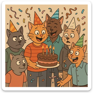 six male cats at a birthday party, confetti, streamers, each cat with a different expression, fun and lively, cartoon style sticker