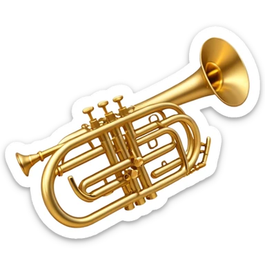 Cinematic Realistic Trumpet, polished brass with warm golden reflections, intricate valve details subtly highlighted, soft hands pressing the keys, glowing with bold and triumphant musical energy. sticker