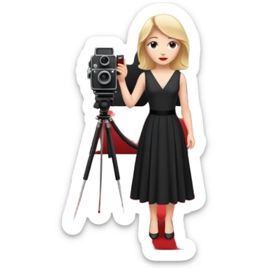 an actress standing on a red carpet with a formal dress, with a film camera next to her. sticker