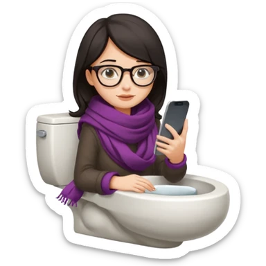 Fille châtain foncé avec lunettes. Elle porte une grosse écharpe. Elle est dans une cuvette de toilette. Téléphone en main. Realiste sticker