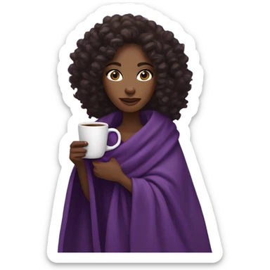 A black woman with dark brown eyes and long curly hair  with a purple blanket wrapped over her shoulders, holding a purple mug of coffee sticker