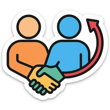 mentorship and retention icon, stylized handshake between two figures, symbolizing guidance and loyalty, clean lines, business-friendly sticker