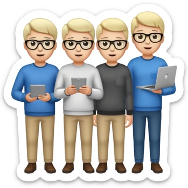 Group of 4 vibe coders, all male and white skinned, standing, some with a laptop or a phone   sticker
