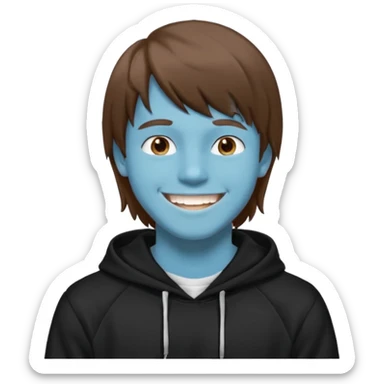 20 yr old man, brown hair, straight, big smile, white teeth, tanned skin, bangs, black hooded sweatshirt, long hair in back, center-parted bangs sticker