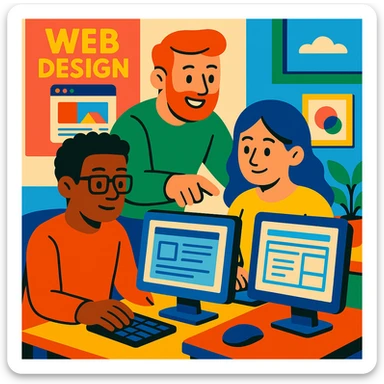 web designers working together at desks with computers, vibrant toon style sticker