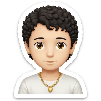 a boy with short black curly hair and brown eyes with white t-shirt and gold jewelry  sticker