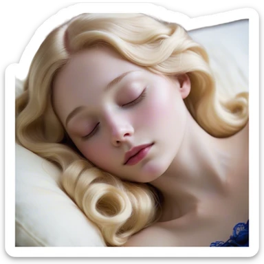 Cinematic Realistic Sleeping Beauty (Aurora) Portrait, with porcelain-like skin featuring a natural rosy flush, illuminated by soft lighting that highlights the gentle contours of her face. Her golden blonde hair flows in soft, detailed waves with subtle highlights that shimmer in the light. Her deep violet-blue eyes radiate warmth and innocence, framed by arched brows and long lashes. With a soft, serene smile, she holds a delicate rose gently in one hand, her other hand resting lightly by her side. She is dressed in her classic pink gown, the fabric rich in texture with delicate folds that catch the light. A golden crown rests atop her head, gleaming with royal refinement. The portrait captures a soft, glowing aura, blending realism with an ethereal sense of beauty and timeless enchantment. sticker