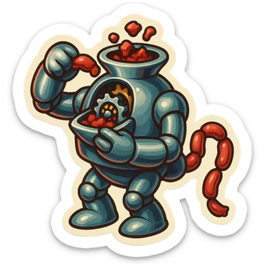 hovering robot. stuffs material into large hole on its top with arms. hole is where neck and head would be. spinning gears and blades  grind red chunks. sausage links come our of hole on backside.  3/4 view. between realism and cartoon. well lit. no dramatic lighting. metallic robot. works diligently. dark humor sticker