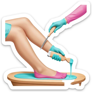 Close-up professional beauty photo of a smooth white leg during a waxing procedure, a second person’s hand wearing a turquoise nitrile glove spreading warm pink depilatory wax along the leg with a wooden spatula sticker