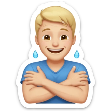 a guy with his arms crossed against him laughing with tears coming out of his eyes sticker