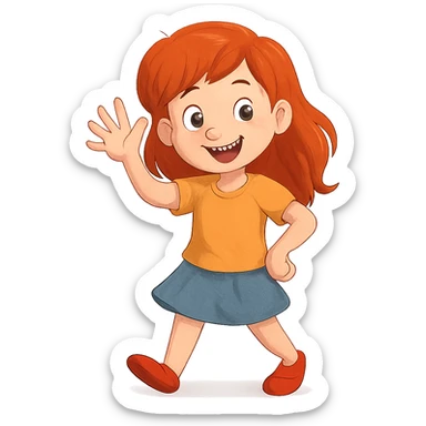 red-haired girl in a playful pose, smiling and waving sticker