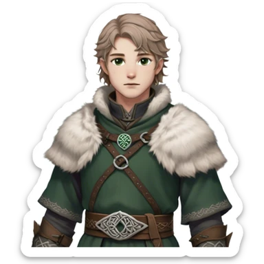 Medieval winter outfit worn by a DnD themed fantasy male character. Heavy charcoal wool tunic with arctic wolf fur lining, adorned with intricate iron clasps and a thick leather belt with celtic knotwork. Clothes only above the waist, full waist coverage. The character has no arms. Character is white-skinned with light brown hair, gray-green eyes, and short wavy hair dusted with winter's touch. sticker