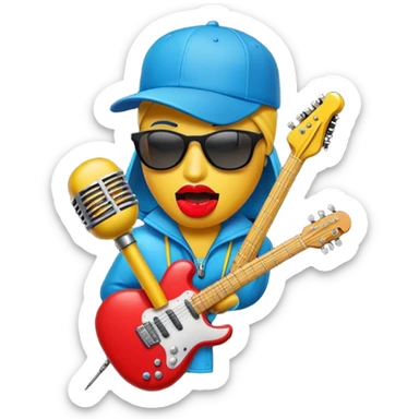 Create a dynamic and fun emoji that represents beatboxing. The design should feature a microphone with a cap placed on top, with large lips peeking out from underneath. From the lips, bass clefs and various musical instruments (like a guitar, drumstick, and keyboard) should be flying out, symbolizing the diversity and rhythm of beatboxing. Use vibrant colors like neon blue, red, and yellow to convey the energy and creativity of this vocal art form. The background should be transparent. sticker