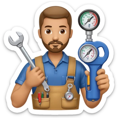 Latino HVAC repairman action figure with goatee beard holding a wrench and refrigerant gauge sticker
