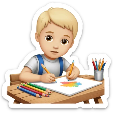 little boy drawing with pencils on white paper and wooden board outdoors sticker