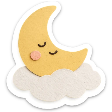cute sleepy yellow moon resting on a white cloud pillow, no limbs, full body, soft pastel colors, paper craft style sticker