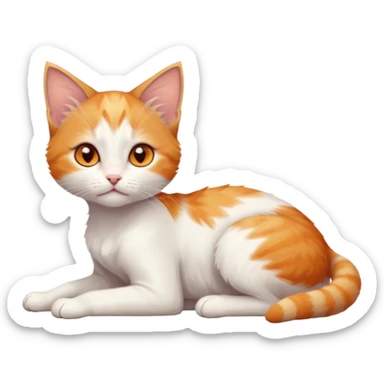full body of very small + skinny ginger and white kitten with deep orange eyes and triangular shaped face lying down with bent front paws sticker