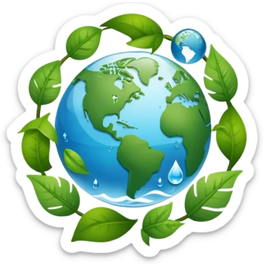 An icon featuring a globe with green leaves, a recycling symbol, and a water droplet, symbolizing ecology. The design includes trees, animals, and renewable energy icons, representing the study of ecosystems, environmental protection, and sustainability. Transparent background sticker