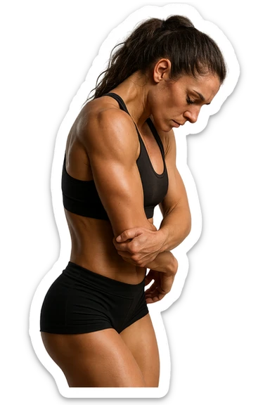 DONNA FITNESS DI PROFILO CON POSTURA CHIUSA E SPALLE IN AVANTI, ISOLATA SU SFONDO BIANCO,  iperrealistico 4k sticker