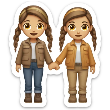 Two girls, holding hands, one with brown hair in a low bun and tan skin wearing a tradie outfit and one with thick caramel hair  light tan skin wearing a cute outfit sticker