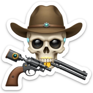 A skull with a vowboy hat and a gun whith a scope sighn on his eye and min holding the gun rember skull sticker