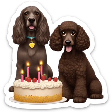 Snoop dog with a dark brown poodle dog. He has a birthday cake sticker