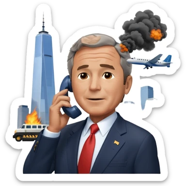  emoji of the world trade center with a plane crashed into it and george bush on a phone in front of them sticker
