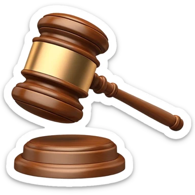 An emoji representing justice and penalty. A wooden judge's gavel striking a sound block, symbolizing a legal decision or punishment. The design is simple, 3D, and slightly glossy, resembling official court decisions sticker