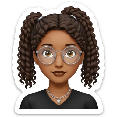 chica morena de ojos claros con gafas negras exagonales redondeadas. y pelo rizado castaño con todo el pelo recogido en una coleta . y un collar de plata . Con todo el pelo recogido un clen look sticker