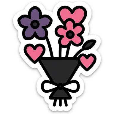 gothic bouquet, modern, clean lines, minimalistic, with heart accents, black, pink, and purple sticker