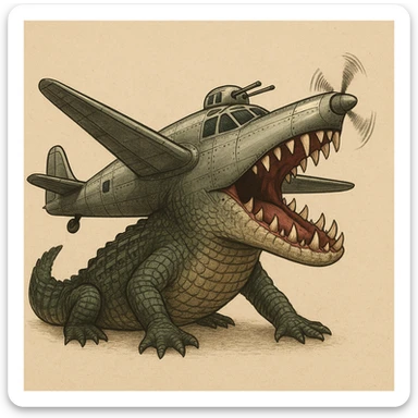 crocodile with its head transformed into the nose of a WWII bomber plane mouth agape sharp teeth metallic body wings and propellers surreal satirical and absurd channeling Italian Brainrot meme energy sticker