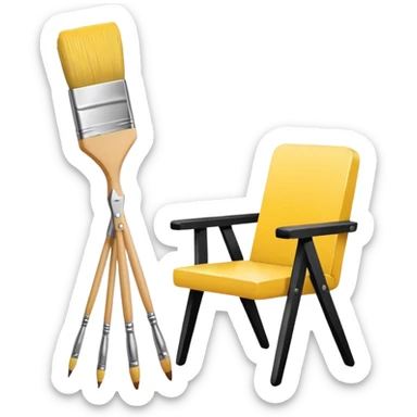 Minimalistic flat vector icon, iOS style, thin black contour on white background. A simple chair colored yellow, next to it a paintbrush and a small paint can. No text, no shadows.
 sticker