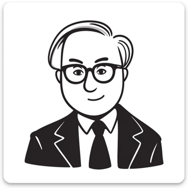 hand-drawn doodle style portrait of Warren Buffett, glasses, suit sticker