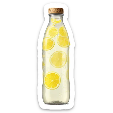 vintage voss branded glass water bottle with lemon slices inside hyperrealistic soft textures fine details no background sticker