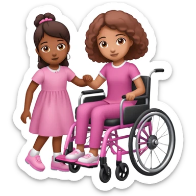 One tan skin sister pushing her brown skin sister in a pink wheelchair sticker