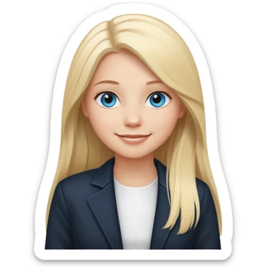 A white girl with long straight blonde hair, blue eyes and a white dress with a smiling black jacket sticker