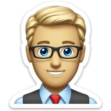 A guy with a class cube as a head with only 2 eyes and a red necktie. wich are blue like the glass. He wears sticker