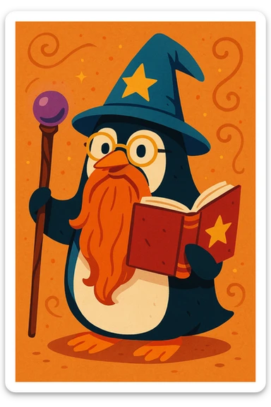 a penguin wizard with glasses, a long beard, and a spellbook, in a playful, storybook style, vibrant toon sticker
