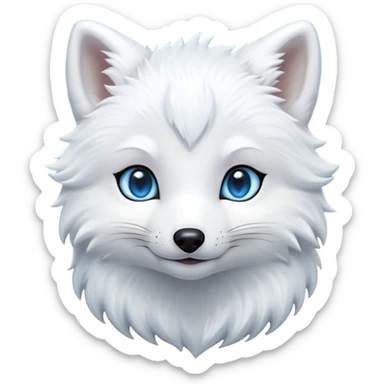Cinematic Cute Arctic Fox Portrait Emoji, Head tilted playfully and inquisitively, featuring a silky, pure white Fur with delicate hints of icy blue on the ears and muzzle, round, sparkling eyes filled with curious charm, Simplified yet irresistibly adorable features, highly detailed, glowing with a warm, friendly glow, high shine, affectionate and spirited, stylized with a touch of frosty whimsy, bright and endearing, soft glowing outline, capturing the essence of a mischievous yet loving arctic fox, so playful it feels like it could frolic out of the screen and into your arms! sticker