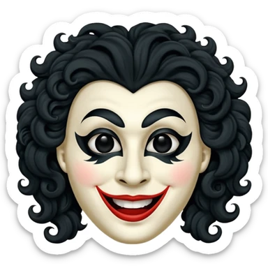 generate theatre mask emoji with a big curly black hair 

wide black smile, long and pointy white nose, pitch black eyes sticker