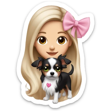 Tan brown haired girl with long styled hair with bright green eyes and wearing a light pink hair bow holding a black and white long haired chihuahua puppy also wearing a hair bow sticker