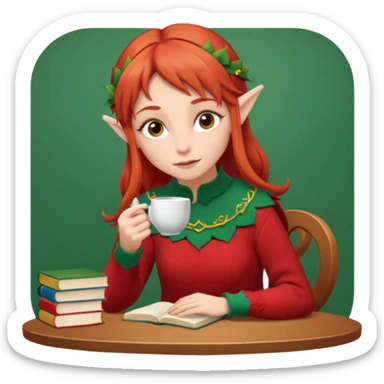 Red hair elf-like girl in red sweater sipping tea with a stack of books beside her  sticker