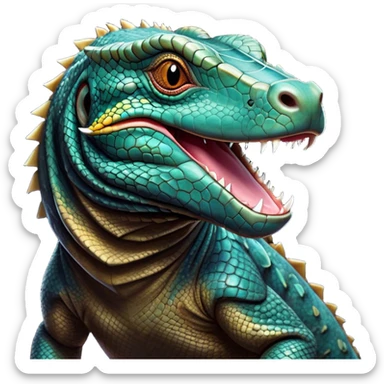 Cinematic Realistic Comical Komodo Dragon Portrait Emoji, Head tilted dramatically with an exaggeratedly amused expression, featuring a striking, glossy scaled hide with bold textures and wide, expressive eyes brimming with playful disbelief, rendered with lifelike detail and natural hues, high shine, dramatic yet playful, styled with an air of cheeky reptilian mischief, soft glowing outline, capturing the essence of a spirited and over‐the‐top Komodo dragon that looks ready to charge its way into viral fame! sticker
