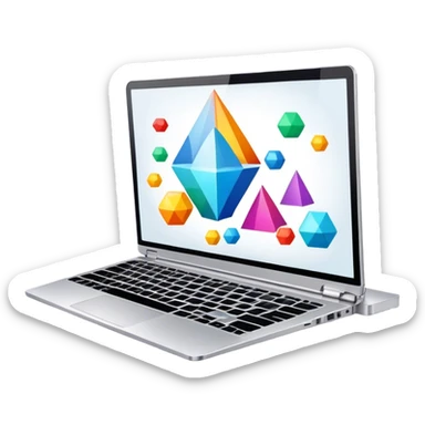 Professional icon for Graphic Design: a laptop with Photoshop open on the screen, displaying geometric shapes like spheres, cubes, and pyramids, along with a stylus. The icon should reflect the creative process in graphic design. Transparent background. sticker